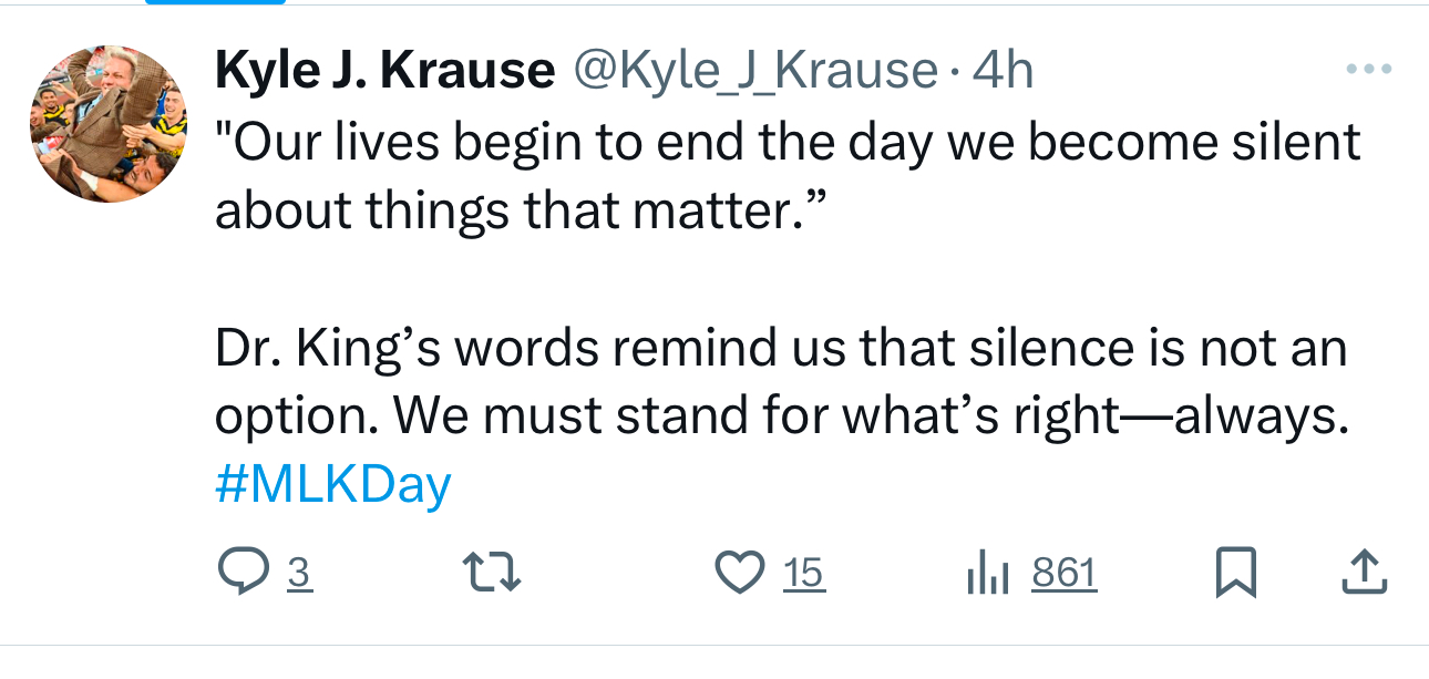 Krause risponde ai tifosi e cita Martin Luther King: “La nostra vita comincia a finire il giorno in cui diventiamo silenziosi sulle cose che contano”