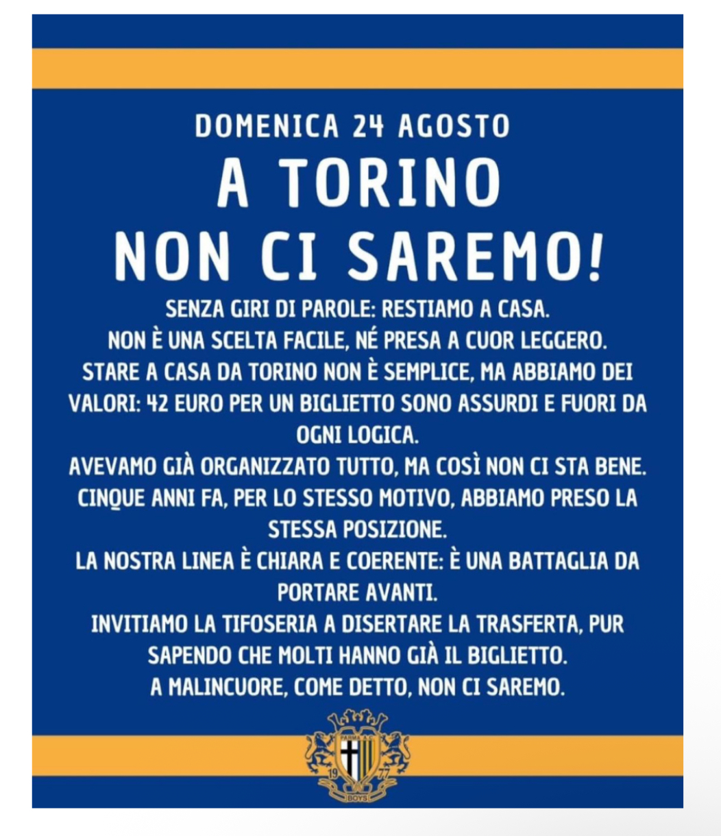 Il Parma a Torino senza i Boys: 42 euro un prezzo folle