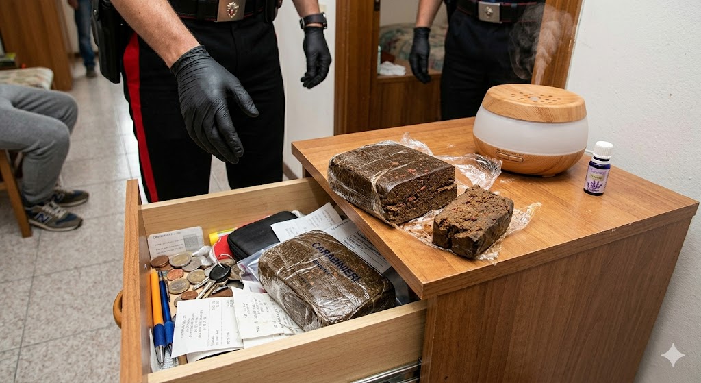 Controlli ai domiciliari: 23enne si giustifica col “profumatore”, ma nascondeva l’hashish nel comodino